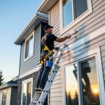 Professional house painter on an aluminum ladder rolling paint onto light-gray siding of a two-story Calgary home at golden hour, wearing safety gear with drop cloths below and paint tray nearby; softly blurred background shows evergreen trees and a faint Calgary skyline with small late-winter snow patches on the lawn.