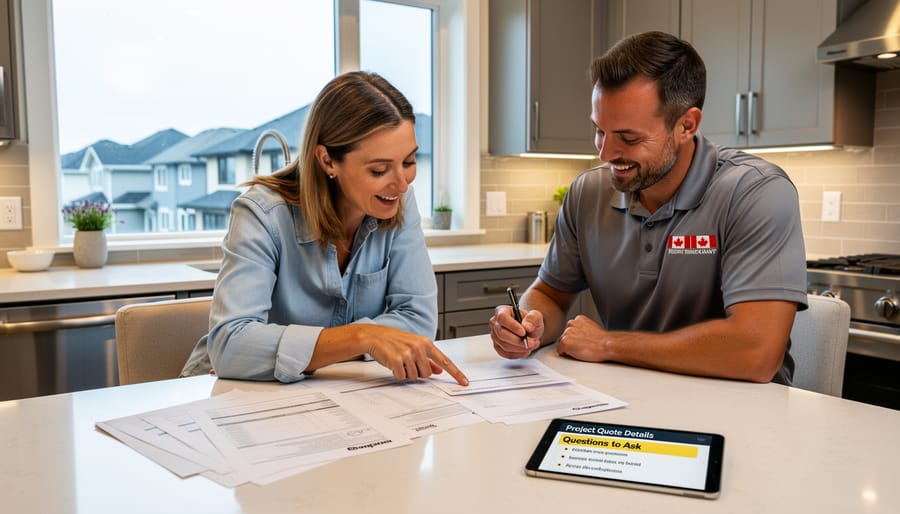 Homeowner and painting contractor discussing project details and pricing at table