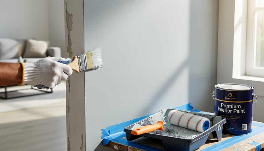 Close-up of professional painter applying premium paint to interior wall with brush