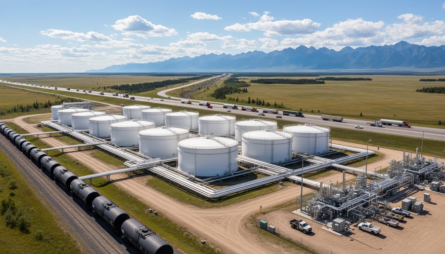 Oil storage tank yard with industrial truck and cylindrical containers in the foreground