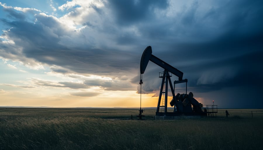 Oil pumpjack standing on a Canadian prairie at dusk with long shadows and a blue-orange sky