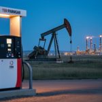 Gas pump in the foreground with pumpjack and refinery structures in the background over a southern Alberta landscape at dusk.