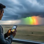 “Person holding a smartphone near a window looking at storm clouds over the prairie with precipitation intensity glow suggesting radar colors.”