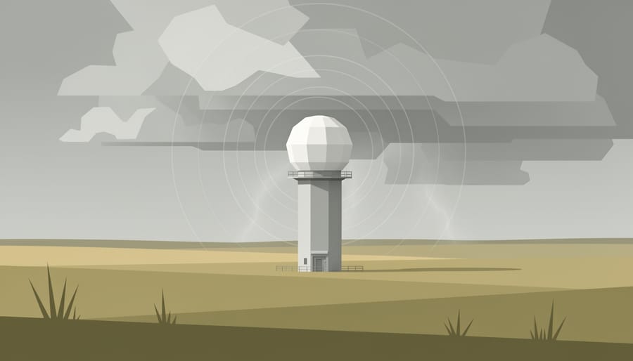 A weather radar dome in a rural setting with storm clouds and sunbeams in the sky.