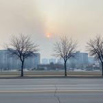 Brampton street scene with trees and distant buildings under light wildfire smoke haze, suggesting shifting air quality conditions.