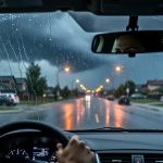 View from inside a car through a rain-streaked windshield showing a wet Calgary street and dark storm clouds approaching in the distance.
