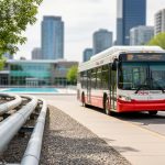 Summer street scene in Calgary showing a bus near a curbside stop with distant pipeline infrastructure and a recreation facility background.