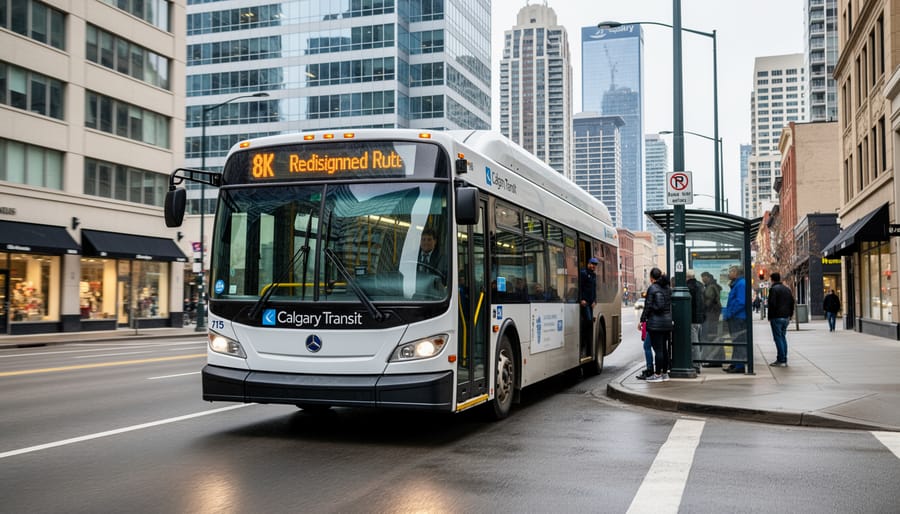 Calgary transit bus leaving a downtown intersection under daylight