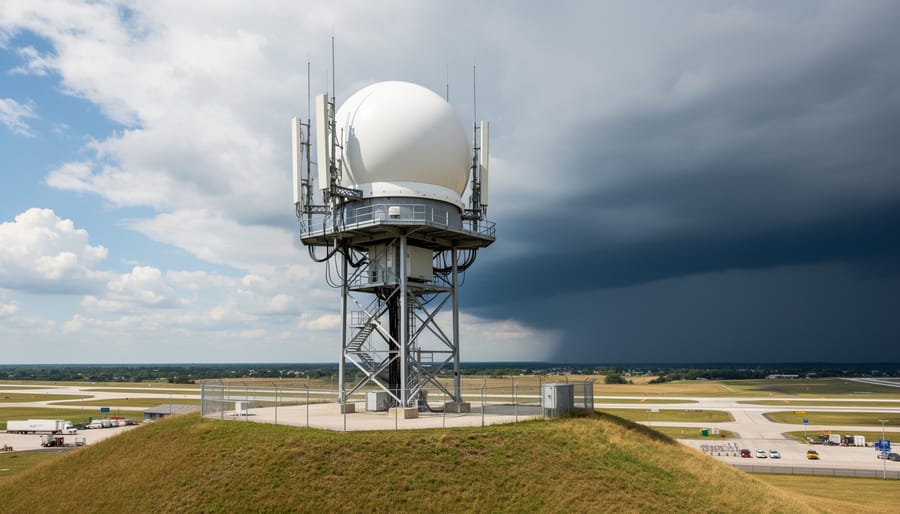 Close-up view of a weather radar dish and tower outdoors
