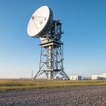 “Cold Lake weather radar tower with large dish and steel framework at Canadian Forces Base Cold Lake in northeastern Alberta.”