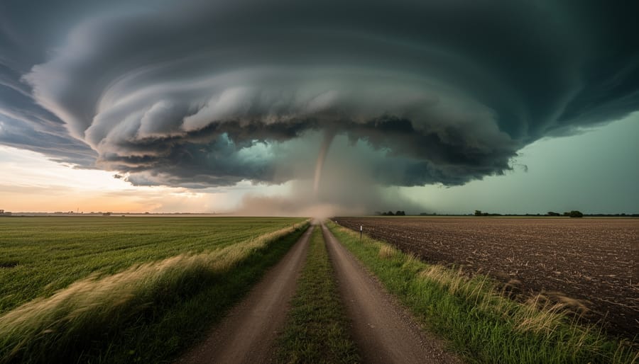 Distant funnel-like storm clouds over rural fields near a closed storm shelter door during a tornado warning.