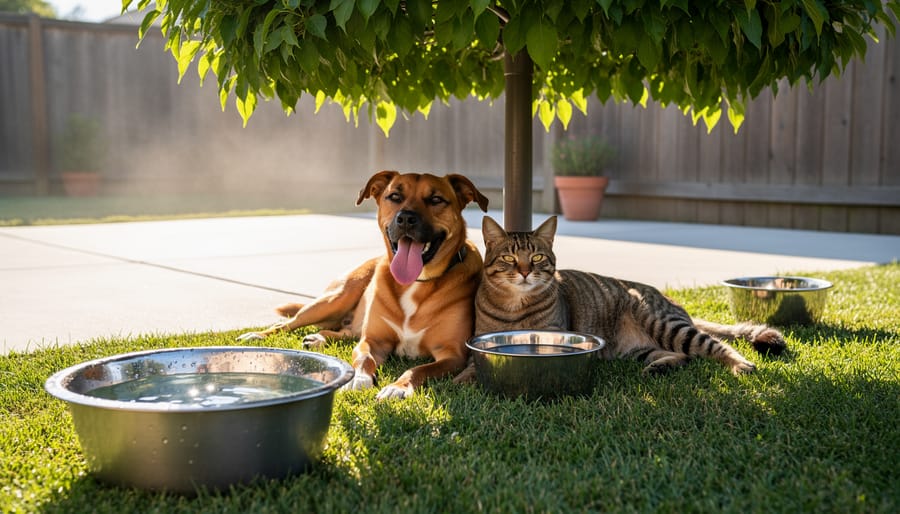 Dog panting near a shaded water bowl on a patio during hot weather