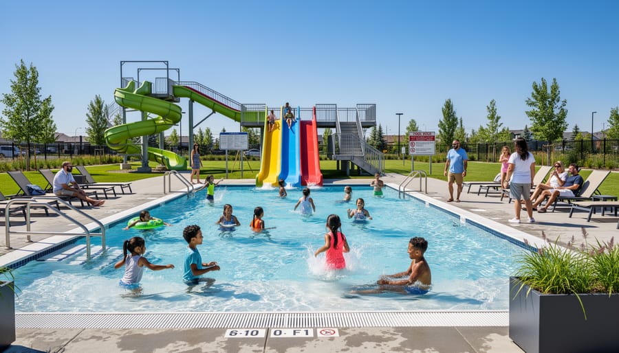 Families gathered at an aquatic facility pool area in bright summer weather