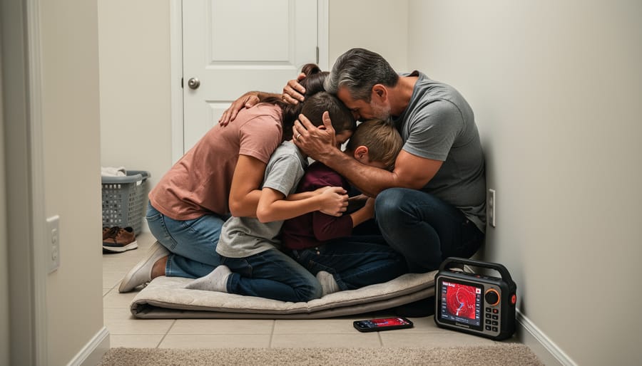 Family sheltering in a windowless interior hallway while protecting their head and neck during a tornado warning.
