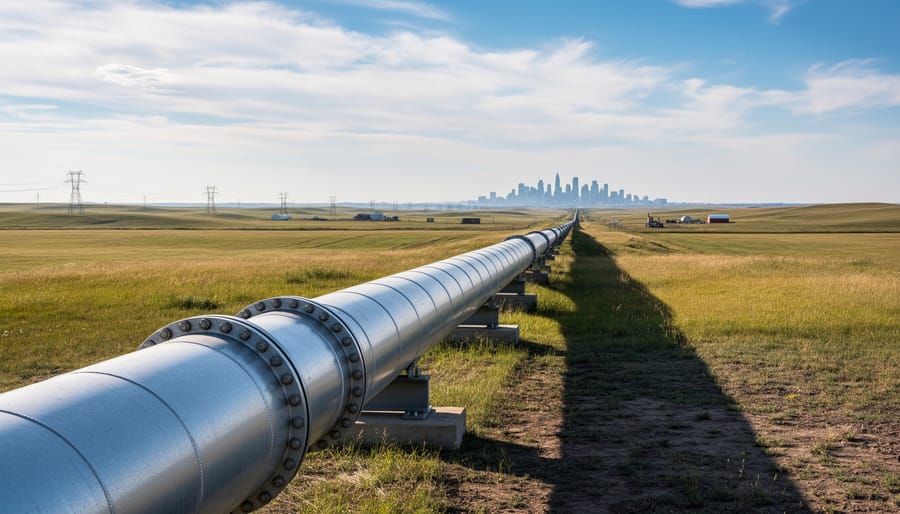 Industrial pipeline running across the Alberta prairie under an overcast sky
