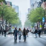 Pedestrians walking along a Montreal street lined with trees and stone buildings under soft overcast light with a subtle haze in the distance.