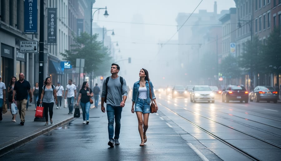 Pedestrians walk along a Montreal street on a hazy, overcast day with muted colors
