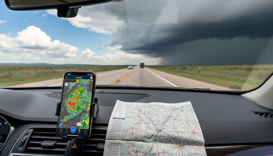 People in a car checking weather on a smartphone during dusk while traveling