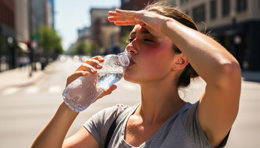 Person drinking water while taking shade at a sunny city bus stop