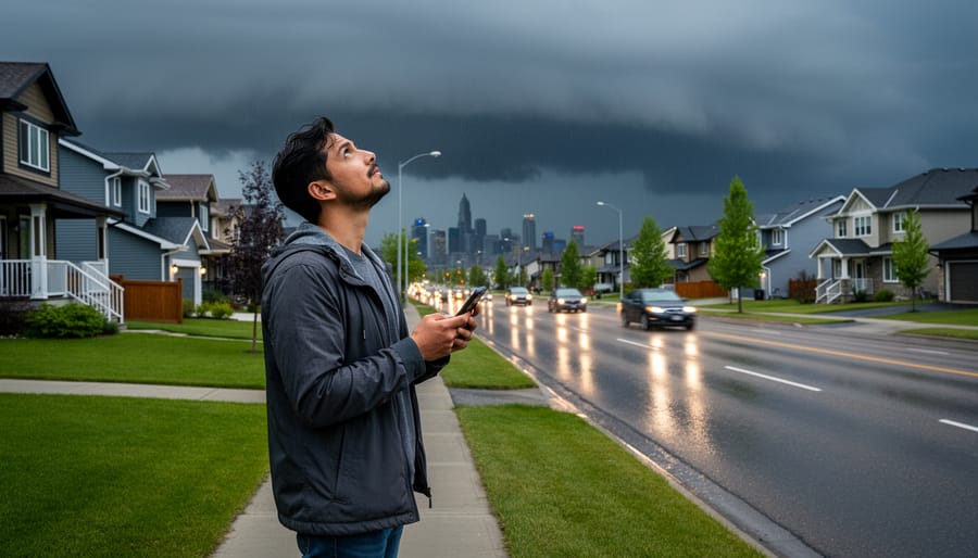 Person in a hooded rain jacket holding a smartphone while watching heavy clouds over Calgary from a balcony.