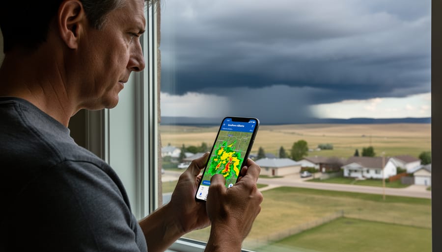 Person outdoors holding a smartphone during overcast weather near a horizon with storm clouds in the distance.