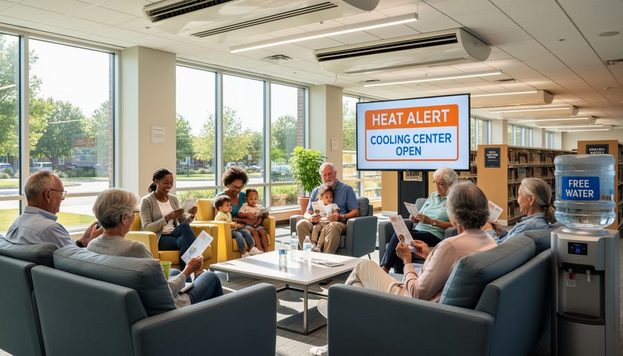 Senior and child resting inside a cool air-conditioned public library lounge