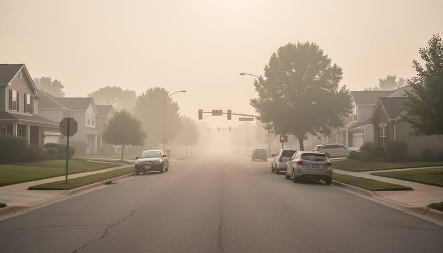 Smoky haze blurs a Brampton street scene with reduced visibility near parked cars and a pedestrian crossing.