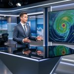 A TV weather meteorologist presenting in a modern studio with a radar-style display showing circular weather coverage rings.