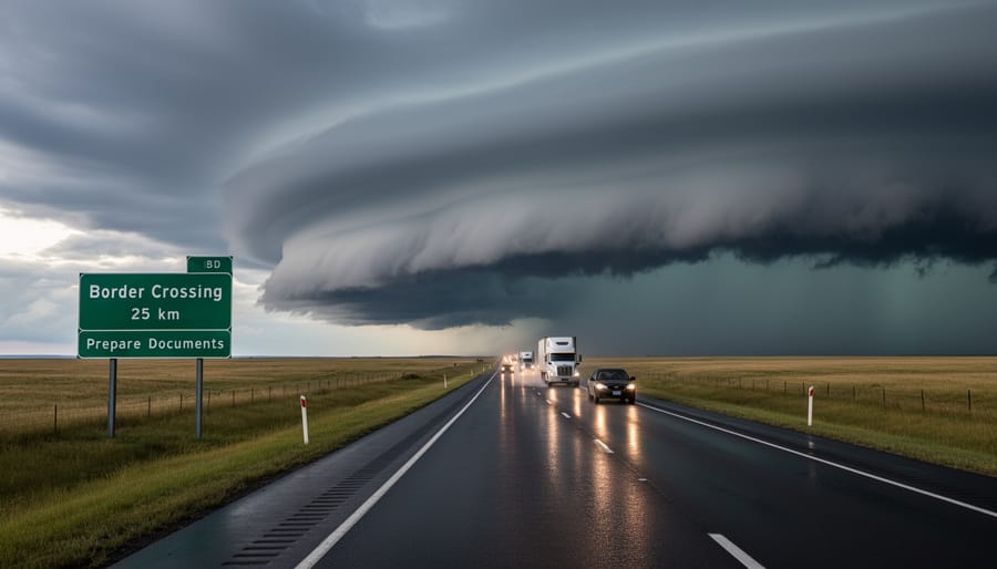 Storm clouds and light precipitation over a snowy prairie highway at dusk