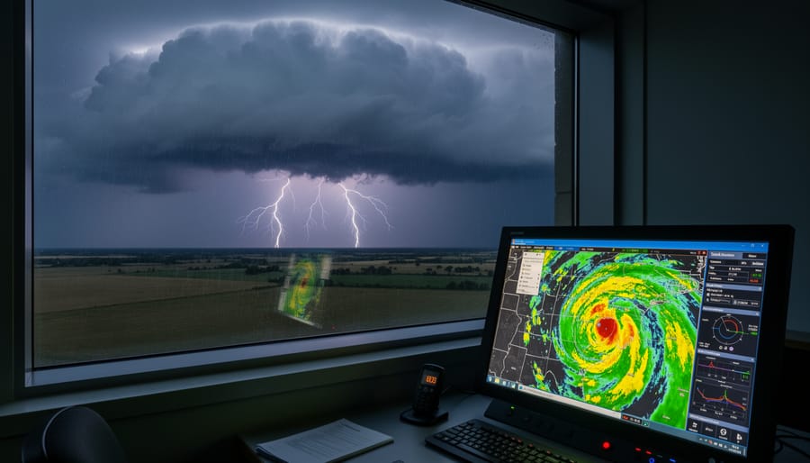 Storm clouds over a city with distant lightning in the sky