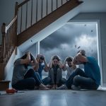 A family sheltering in the lowest interior room of a sturdy home, with arms over their heads while a dangerous storm rages outside.