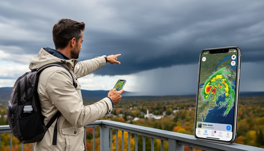 Traveler looking out a window at changing clouds while holding a smartphone for weather awareness