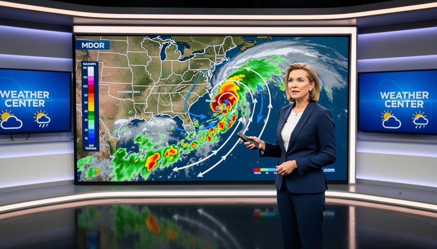 Weather presenter in a modern TV studio standing near studio displays and monitoring equipment