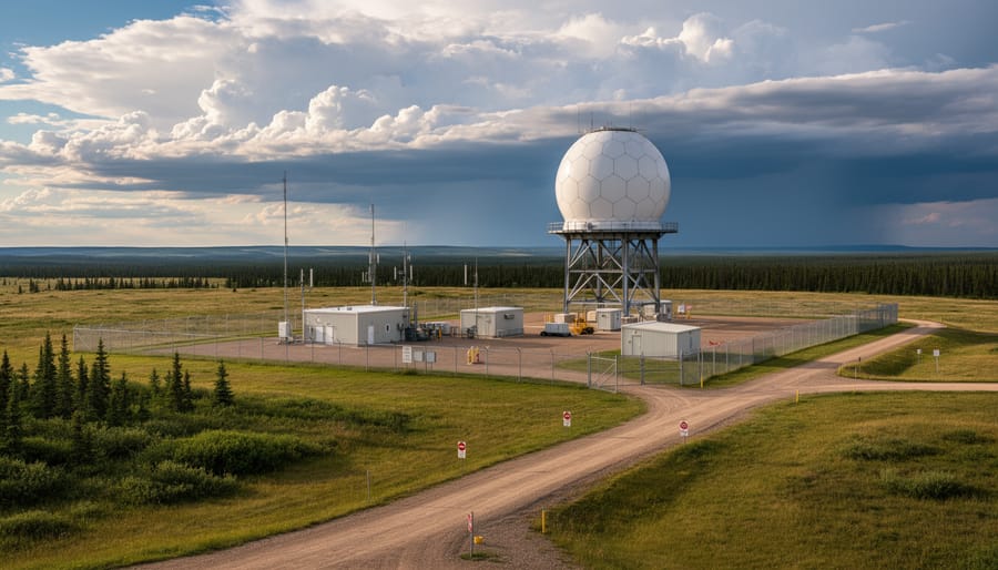 Weather radar antenna dish at CFB Cold Lake against a snowy landscape and cloudy sky.