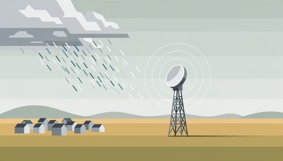 Weather radar dish on the prairie under a clear night sky