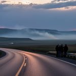 “Wildfire smoke haze drifting over southern Alberta hills at dusk, with a road and viewpoint in the foreground.”