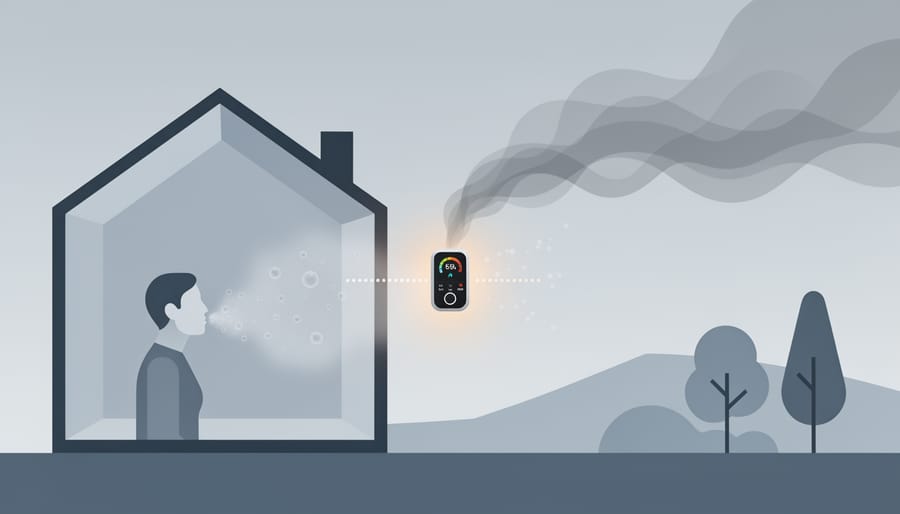 Light beam showing faint airborne particles in front of a window, symbolizing invisible air pollution.