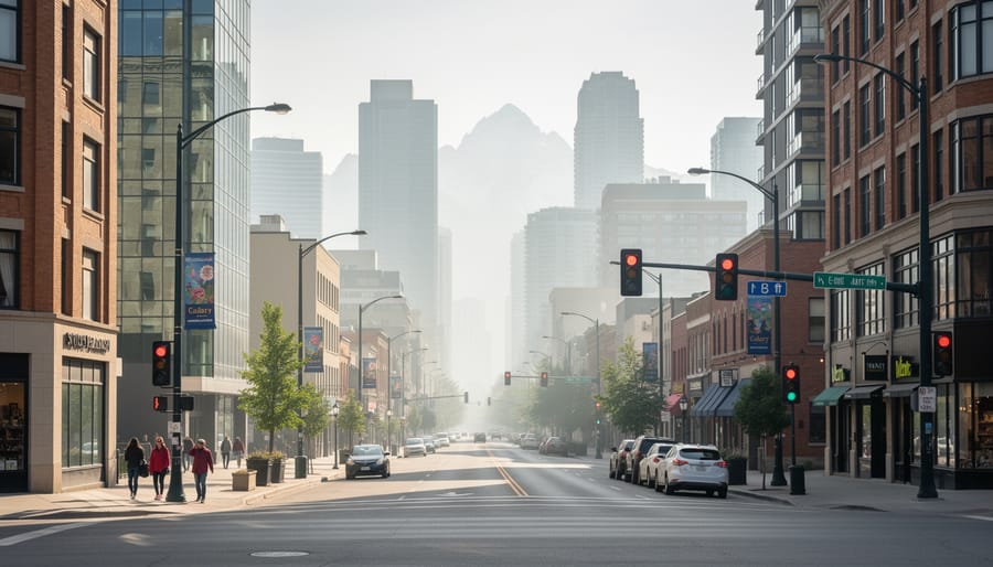 People walking on a Calgary street with a hazy atmosphere in the distance