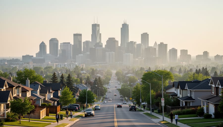 Wide view of Calgary skyline from a neighborhood sidewalk with subtle haze in the air