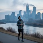 Runner paused on the Bow River pathway in Calgary, with downtown skyline and smoky sky in the background, representing air quality awareness for outdoor activities.