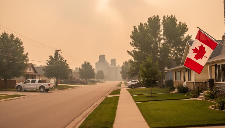 Calgary skyline partially obscured by wildfire smoke haze in the distance.