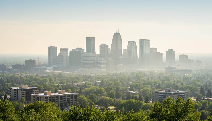 Edmonton skyline partially veiled by light haze over the river valley at dusk