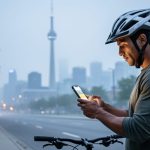 A cyclist checking a smartphone in Toronto with the CN Tower in the background, conveying local weather and air-quality monitoring.