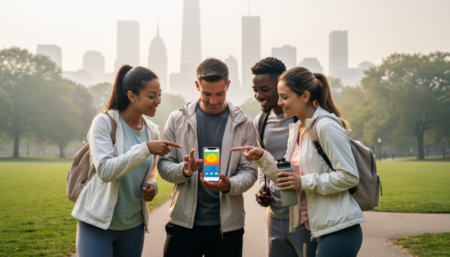 Family in a park walking with a face mask held ready for outdoor air quality conditions