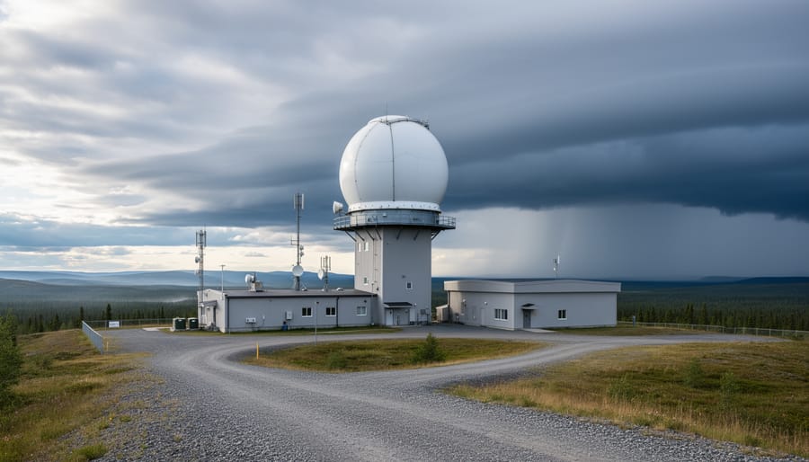 Concrete weather radar tower with a large rotating dish in a snowy landscape