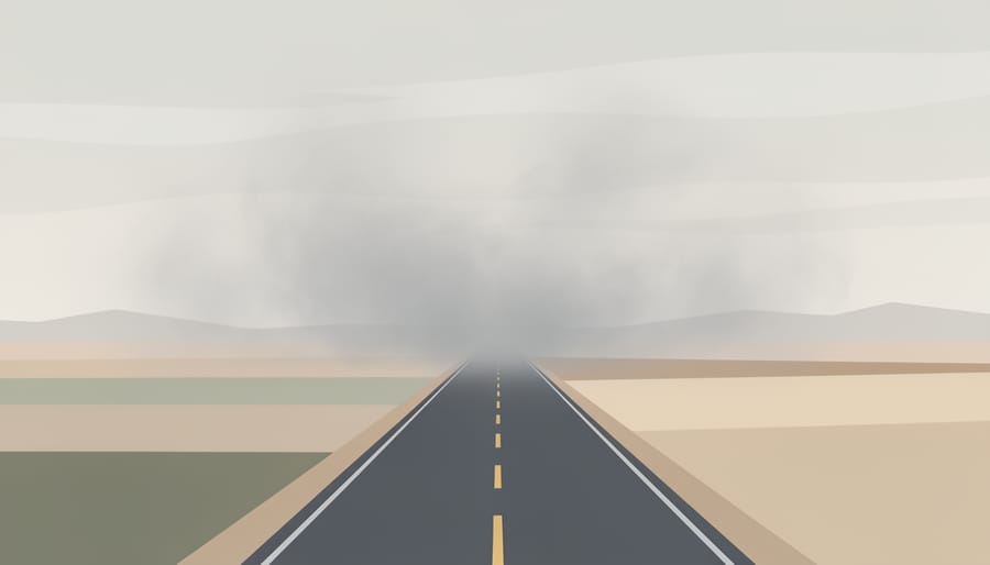 Empty highway leading into a pale smoky sky on the horizon