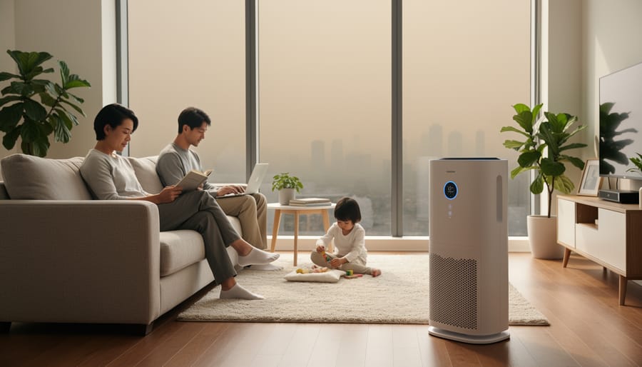 Air purifier running near a window inside a home in Vernon