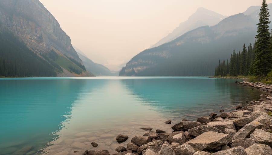 Lake Louise shoreline with mountains partially obscured by smoky haze