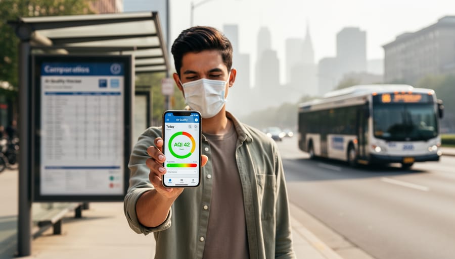 Person wearing a face mask and using a phone at a Calgary bus stop