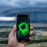Smartphone showing an abstract live radar glow over a stormy landscape near Okotoks, with dark clouds over southern Alberta and precipitation-like green light patterns.